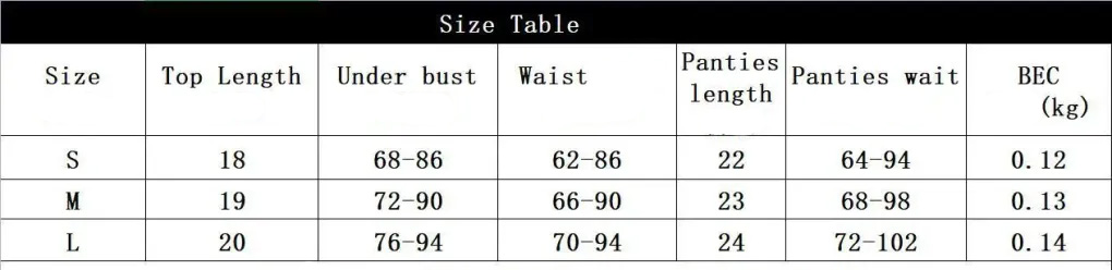 Size chart 3 Piece Chain Intimate Lingerie Sets