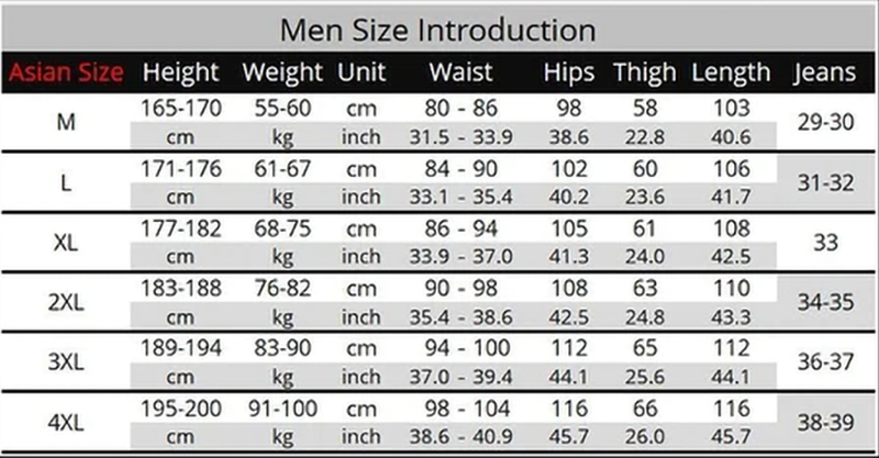 Waterproof Tactical Cargo Trousers Size Chart